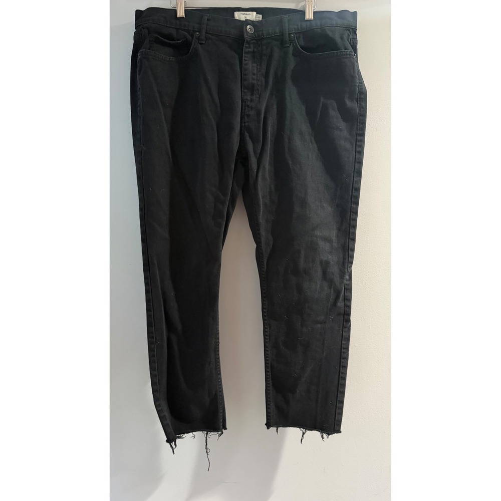 Topman Jeans Mens 38L Black Good Stretch Skinny Raw Hem Frayed Denim